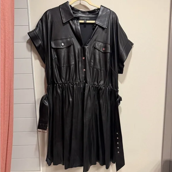 Faux Leather Dress With Pleated Skirt - Picture 3 of 8